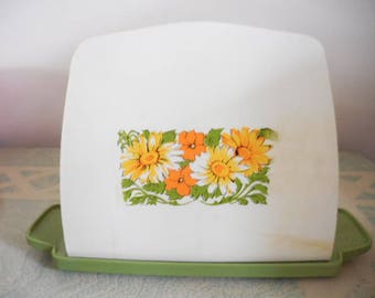 Vintage 1960s to 1970s Retro Green and White Plastic Napkin Holder with Orange and Yellow Flowers Kitchen Table Dining