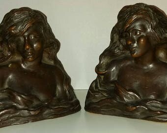 Beautiful Vintage Figural Women Bookends Pair Art Deco Nouveau