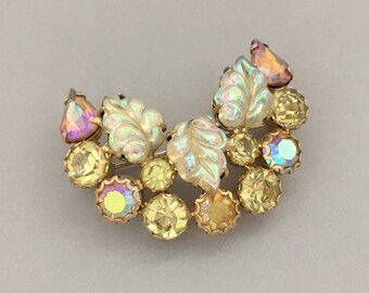 Vintage Rhinestone Brooch for Women - Designer Signed WEISS Rhinestone Pin - Summer Jewelry Brooch Gift - Yellow Leaf Rhinestone Jewelry