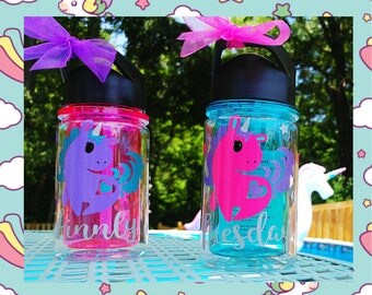 Unicorn Water Bottle Personalized Name/Kids Fun Water Bottle/10 oz./Water Reminder/Sports style Bottle with flip-up sipper straw lid/Gift