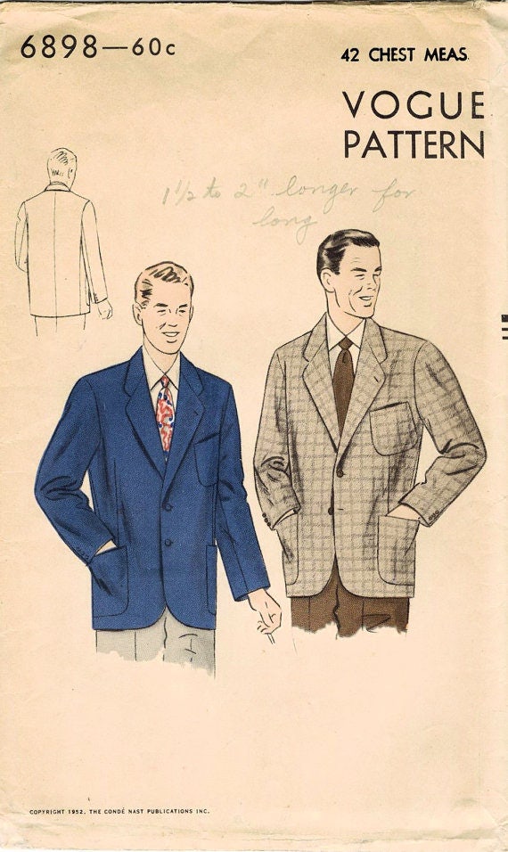 UNCUT Vogue 6898 Sewing Pattern Men's size 42 1950's