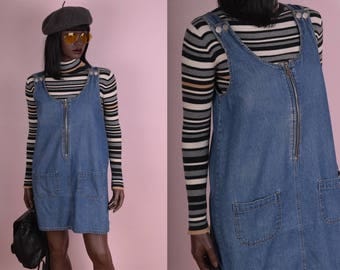90s Denim Jumper Dress/ Small/ 1990s/ Zip Up/ Overall