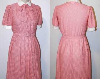 Vintage Dress 70s Secretary Light Dusty Pink Dot Sleeve- Stranger Things, Shirtwaist 1970s Does 1940s Size S Small 8