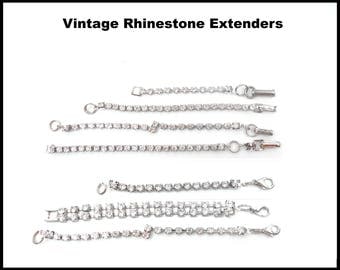 Vintage Silver Rhinestone Extender, Fold Over Clasp, Lobster Claw Clasp, Several Lengths, Necklace Extender, Choker Extender, Bridal Choker
