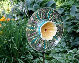 Repurposed Garden art, handmade Garden Sculpture, Repurposed Décor and Glass Yard Art sun catcher with recycled glassware
