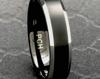Tungsten Mens Wedding Band Black Brushed Finish 6mm Comfort Fit Beveled Edge Size 8 to 15