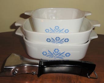 3 Vintage CORNING WARE Cornflower Blue Pattern Casserole Mixed Lot Oven Baking Dishes Bonus Handle