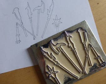 Medieval Weapons, French History Buffer Stamp. Old French School. Circa 1950's