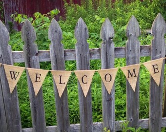 Welcome Burlap Banner, Rustic Country Home Decor, Welcome Pennant Banner, Shop Owner Sign, Rustic Decor, Primitive Decor, Mantel Decor