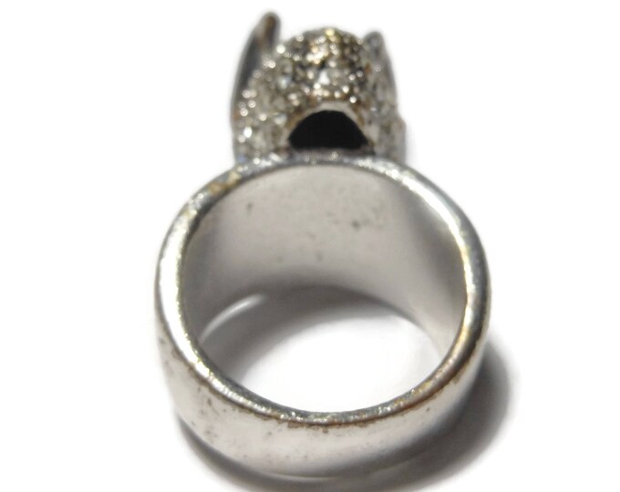 FREE SHIPPING Playboy bunny ring, pave rhinestone rabbit head, large shank. clear pave amber eyes, silver tone, size 7 1/2