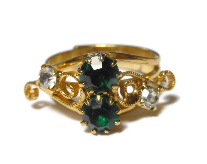 FREE SHIPPING Adjustable green rhinestone ring, to size 9, two round center green rhinestones, side clear stones, swirl design, gold tone