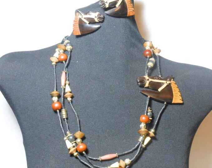 FREE SHIPPING Wooden horse necklace and earrings, lightweight beads, carved tribal style, browns creams, boho ethnic statement ranch cowgirl