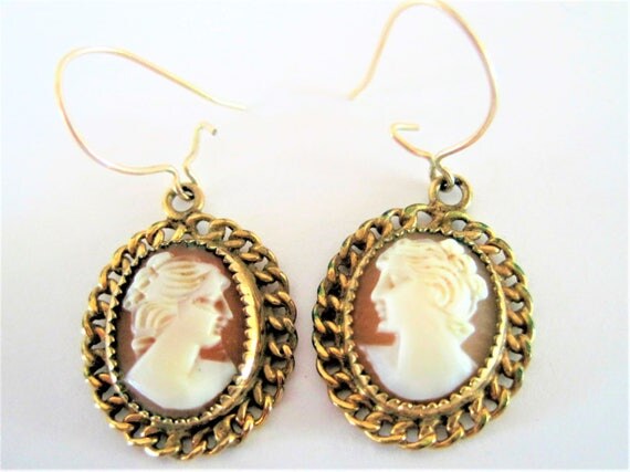 Antique Gold filled Cameo Earrings - Victorian Revival - French Wire Dangle - Shell Cameos - Original Box