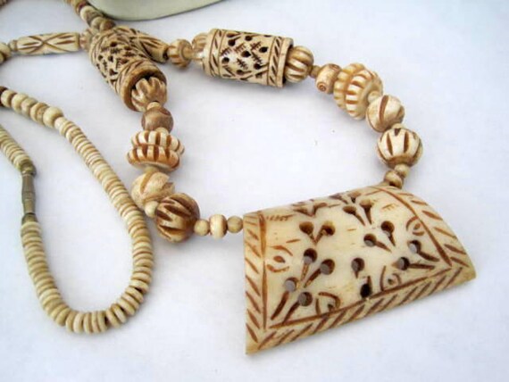 Tribal Boho Necklace - Carved Bone - 30 Inches -Off White Bone