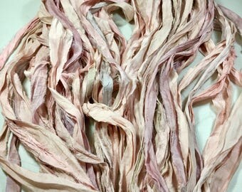 10 yd Recycled Sari Silk Ribbon Pastel Pinks Creams Tassel Ribbon Dreamcatcher Jewelry Fair Trade Felt Knit Crochet Fiber Art Supply
