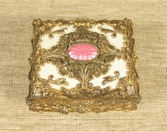 Pink Enamel Jewelry Box - Vintage Metal Footed Trinket Casket