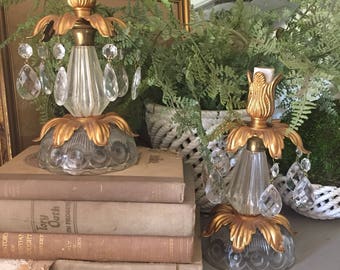 Antique Pair Crystal and Tole Budoir Lamps Crystal and Gilt Vanity Lamps Tole Lamp Pair Hollywood Regency Lighting
