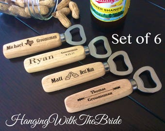 Set of 6 Personalized Bottle Opener, Groomsmen Gift, Wedding Gift, Engraved Wood opener, Custom Bottle Opener, Christmas gifts