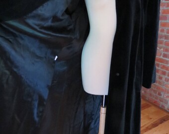 Beautiful Long Black Velvet Swing Opera Coat with Deco Style Rhinestone Triangle Brooch Button. by Cattiva. Sz XL