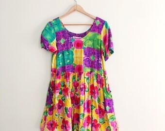 Vintage Yellow, Pink, & Green Watercolor Floral Babydoll Dress / Mini Dress / 80s