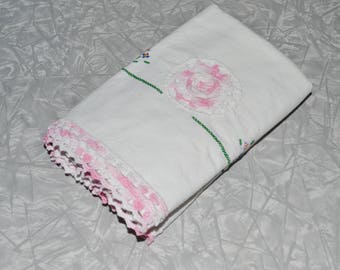 Vintage Hand Embroidered Pink Rose Pillowcases ~ Vintage Pink Linens Bedding ~