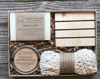 Baby Bath Gift Set - All natural organic baby soap, baby balm, cotton washcloth & wooden soap deck