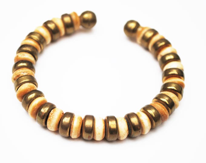 Boho Bone Gold Bead cuff Bracelet - Brass Wood Beads - Cuff Bangle