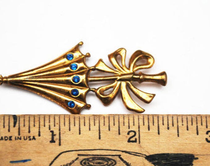 Umbrella Brooch - Gold with Blue Rhinestone - Figurine pin