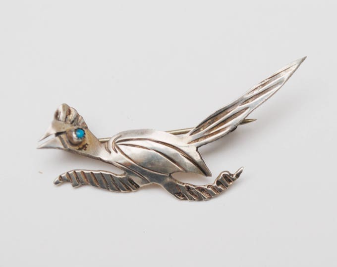 Road Runner Brooch -Silver Turquoise - Southwestern - Old Pawn - Native American Bird pin