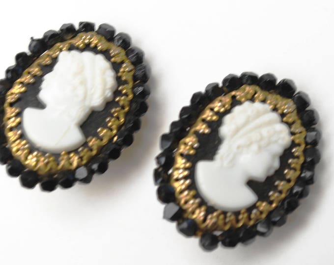 Cameo Earrings - Original by Robert - Black White and Gold - Clip on earring