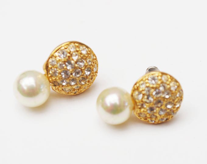 Rhinestone Pearl earrings - signed Roman - Clear crystal - White - Gold - Pirced earring