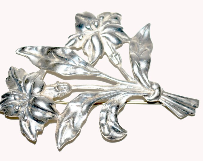 Sterling Flower Brooch - Signed Danecraft - Large Art Nouveau floral Silver pin - 29 grams