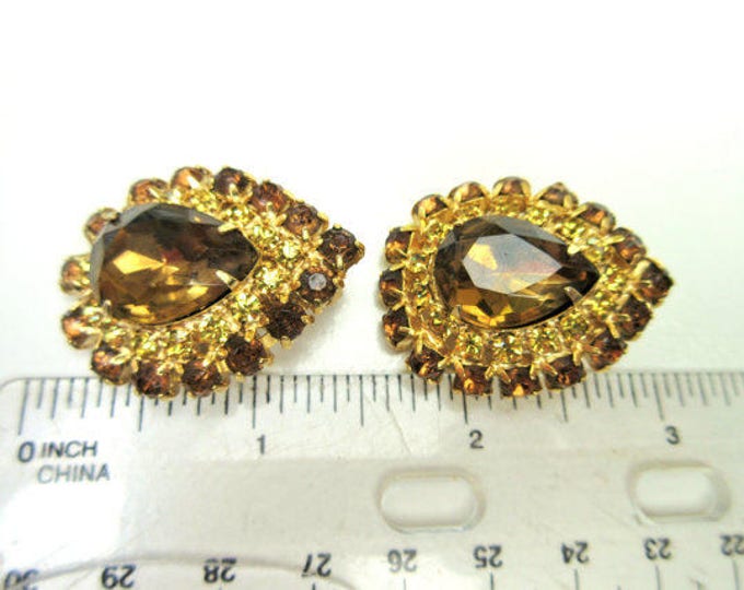 Brown yellow Rhinstone Earrings - Pear shape topaz crystal - gold - clip on earrings