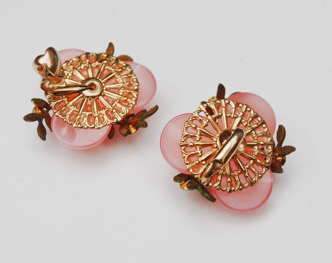 Pink flower earrings - moonglow Lucite - Clear rhinestone -White Pearl- Green Enamel - Clip on earrings