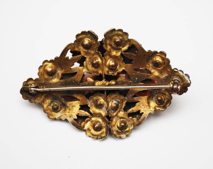 Coral celluloid flower Brooch - Golden Brass - leaf - Art Nouveau Pin