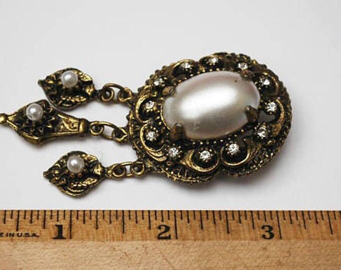 White Pearl Brooch Pendant- Clear rhinestone - Gold ornate scallop - Victorian Revival - Dangle pin