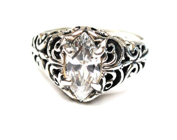 Sterling Filigree CZ ring - Signed Kabana -Cubic Zirconia - Size 7 ring - silver ornate setting -