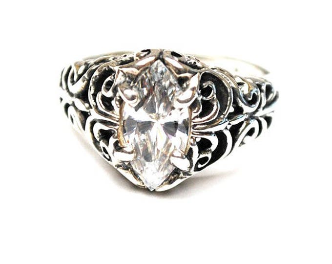 Sterling Filigree CZ ring - Signed Kabana -Cubic Zirconia - Size 7 ring - silver ornate setting -