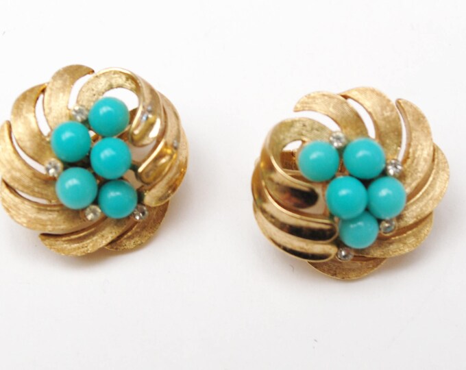 Crown Trifari Rhinestone Earrings - Turquoise - Clear Rhinestone - Swirl flower - gold metal - Mid Century - Clip on earring