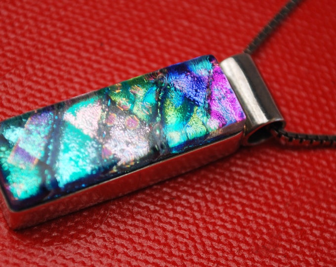 Dichroic Fused Glass Necklace - Sterling silver - Mexico Pendant- Italy chain Blue green Aqua Purple art glass necklace