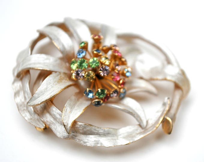 Enamel flower Brooch - white enamel on gold - colorful rhinestones -Floral pin