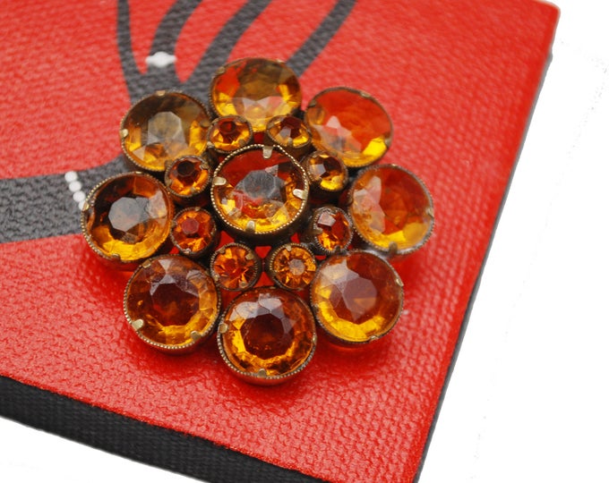 Amber Rhinestone Flower Brooch - Signed Czecho - Orange Crystal - open back gold plated - Citrine glass - pin