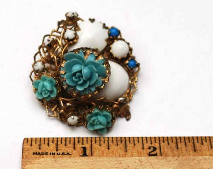 Blue Celluloid Flower brooch - White milk glass - Cluster cabochon pin - gold filigree floral pin