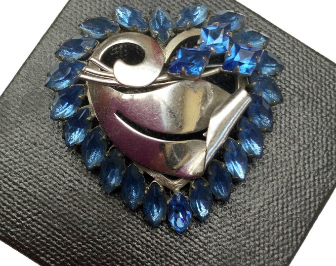 Blue Heart Brooch - Rhinestone - open back - silver - mid century pin -light bluish crystal