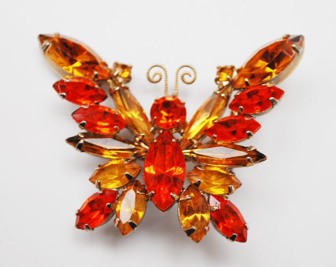 Butterfly Rhinestone Brooch - Orange Yellow crystal - gold - Insect pin - Mid Century Juliana style