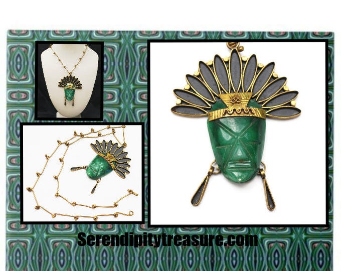 Green Onyx Mask Necklace - Signed Mexico -Brass- Tribal Aztec - Carved gemstone gemstone - Boho Face head dress pendant