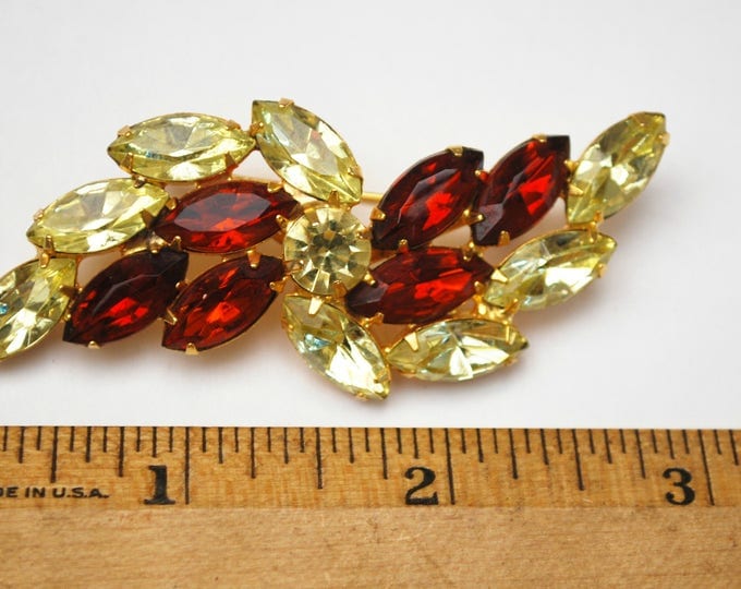 Rhinestone Bar Bow Brooch - Light yellow Crystal - dark Orange Glass -- gold setting Floral pin