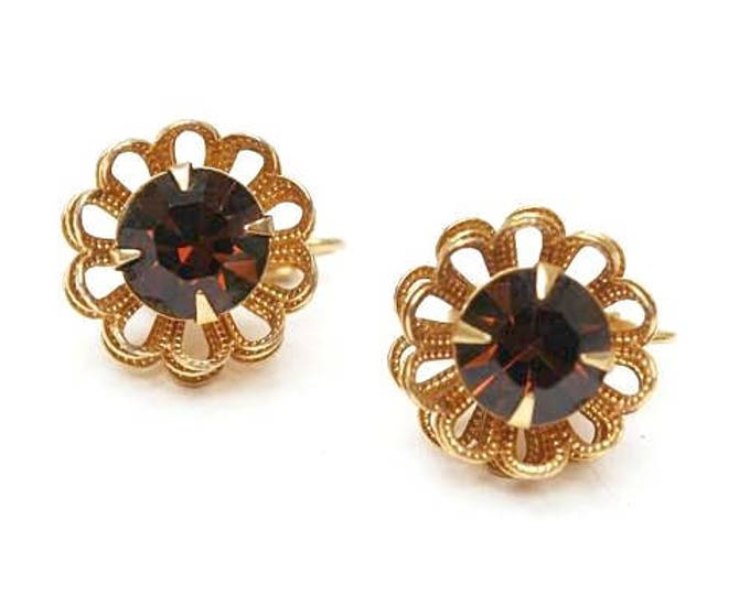 Sarah Coventry earrings - Marigold brown - rhinestone - clip on earrings Signed