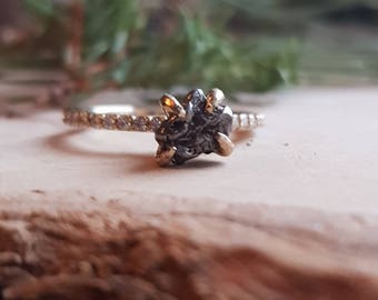 Meteorite Ring Campo del Cielo And Moissanited in Yellow, Rose or White 14k Gold - Meteorite Engagement Ring Accent Stones Slim Thin Dainty