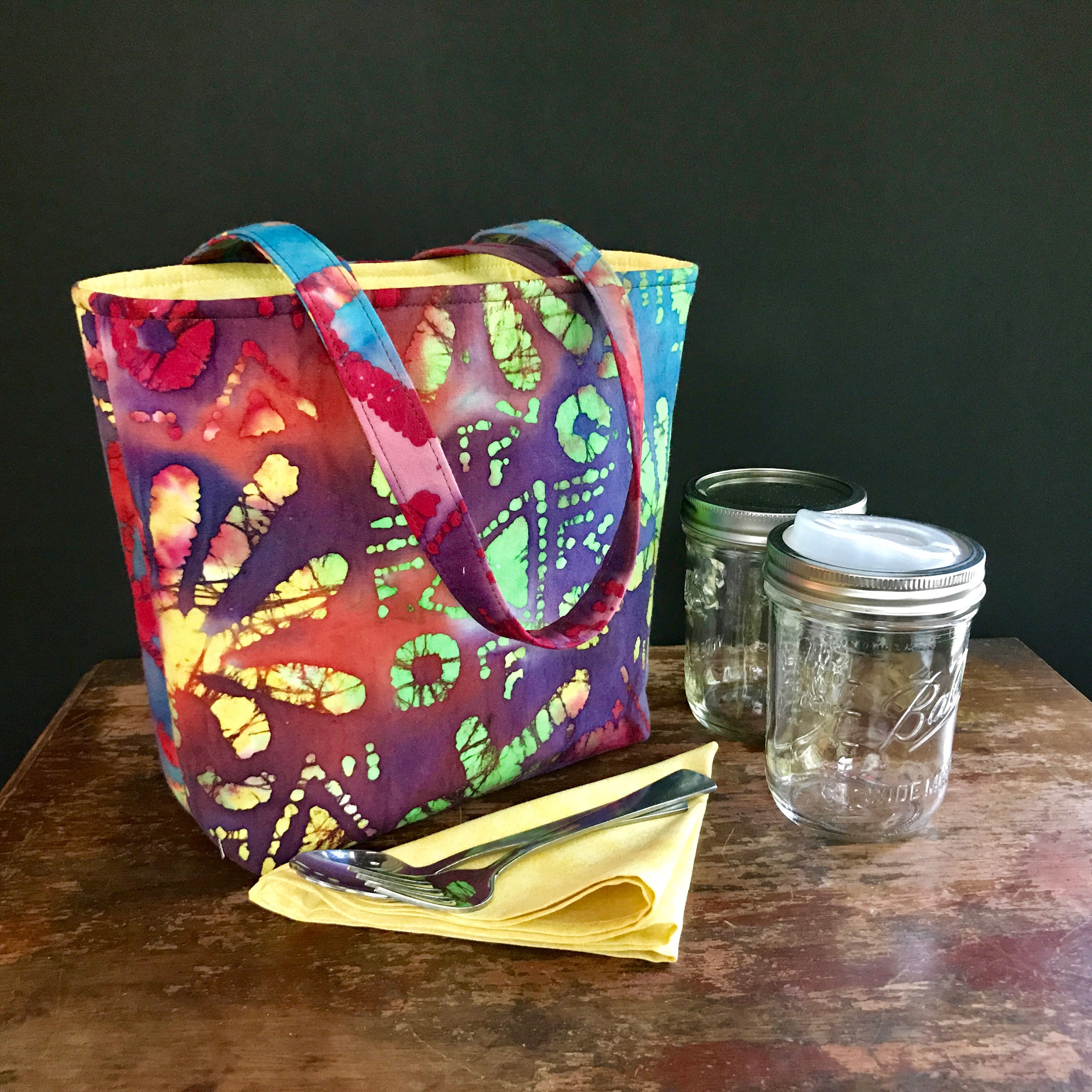 Zero Waste Mason Jar Carrier Bag Pint 2 jar Jars to Go Batik